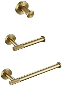 Brushed Gold Bathroom Accessories Set - Knurled Brass Towel Bar, Ring, Robe Hook, Paper Holder, Toilet Brush & Shelf for Modern Home Decor