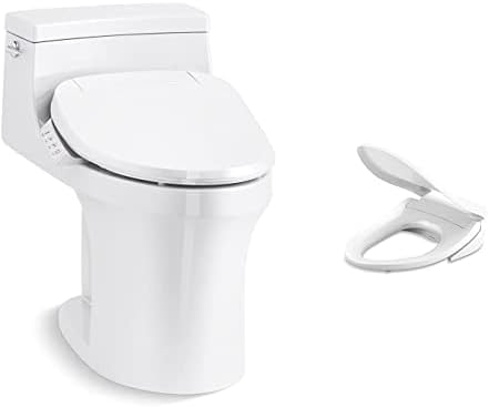 KOHLER 5172-HC-0 San Souci One-Piece Toilet, Compact Elongated Toilet, White & Heated Bidet Toilet Seat with Quiet-Close and Quick-Release, Elongated, White, 26132-CSP-0