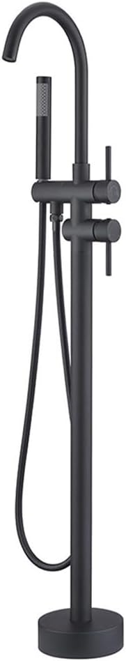Floor Mount Bathtub Faucet, Freestanding Tub Filler, Standing Swivel Spout Shower Faucets Shower Mixer Taps with Cylinder Handheld Shower (Black, With Embedded Box)