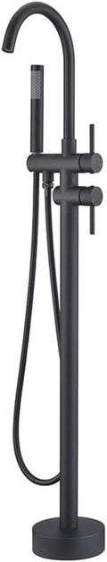 Floor Mount Bathtub Faucet, Freestanding Tub Filler, Standing Swivel Spout Shower Faucets Shower Mixer Taps with Cylinder Handheld Shower (Black, With Embedded Box)
