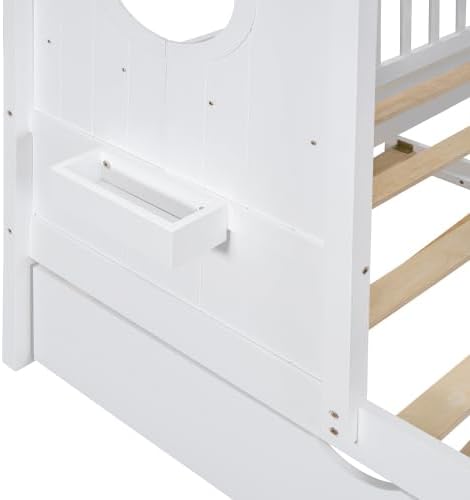 MERITLINE Kids House Bed with Trundle and Storage Shelf, Twin Size Wooden Kids Montessori Bed Frame (White)