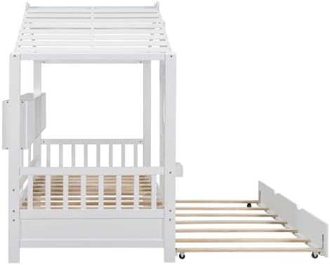 MERITLINE Kids House Bed with Trundle and Storage Shelf, Twin Size Wooden Kids Montessori Bed Frame (White)