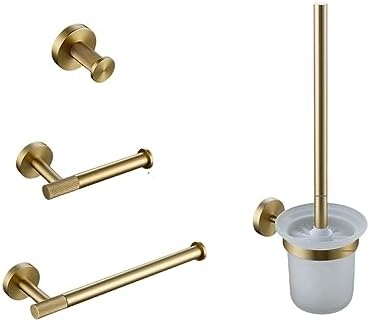 Brushed Gold Bathroom Accessories Set - Knurled Brass Towel Bar, Ring, Robe Hook, Paper Holder, Toilet Brush & Shelf for Elegant Home Decor