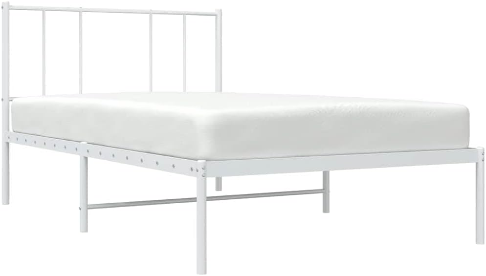 White Powder-Coated Steel Twin Bed Frame with Headboard, 4-Piece Heavy Duty Metal Platform Bed Frame for Single Mattress 39.4x78.7 Inches, Modern Rectangular Design