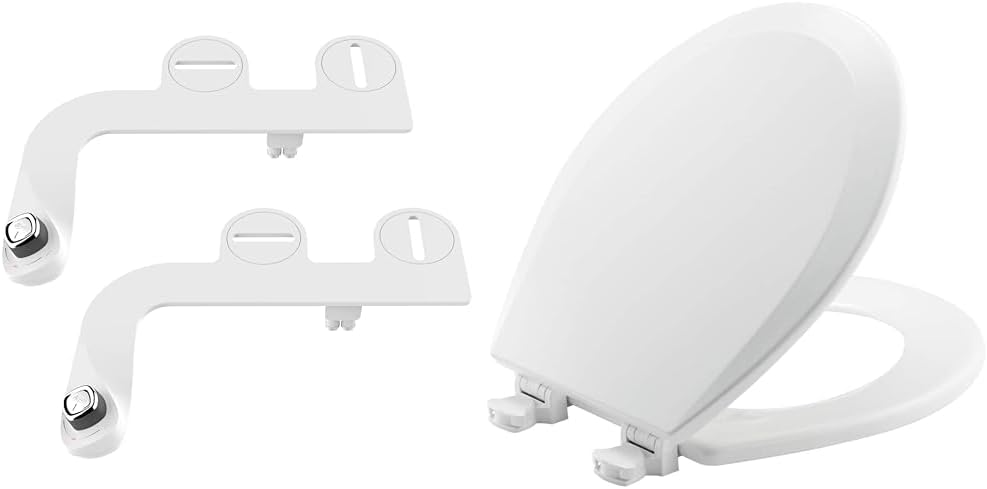 Bio Bidet by Bemis SlimEdge 2-Pack of Freshwater Attachments, White, Non-Electric & BEMIS 500EC 390 Toilet Seat with Easy Clean & Change Hinges, 1 Pack Round, Cotton White