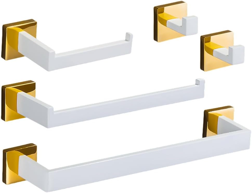 White Gold Bathroom Hardware Set Accessories Stainless Steel Towel Rack Toilet Paper Holder Hook Bathroom Shelf Organizer Set,5pcs Set B
