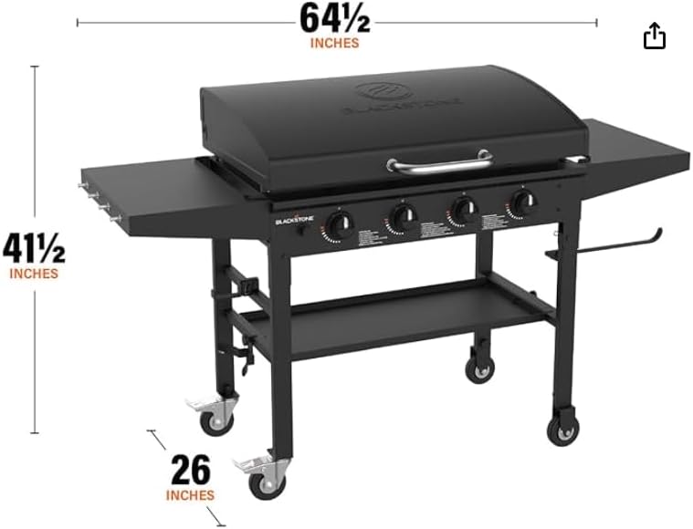 Blackston 36 Inch Gas Griddle with Hood Cooking Station 4 Burner Flat Top Gas Grill Propane Fuelled Restaurant Grade Professional 36' Outdoor Griddle Station with Side Shelf