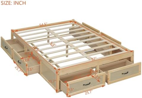 CITYLIGHT Full Size Platform Bed with 6 Drawers, Wooden Full Bed Frame with Storage and Wood Slat Support, Antique Natural