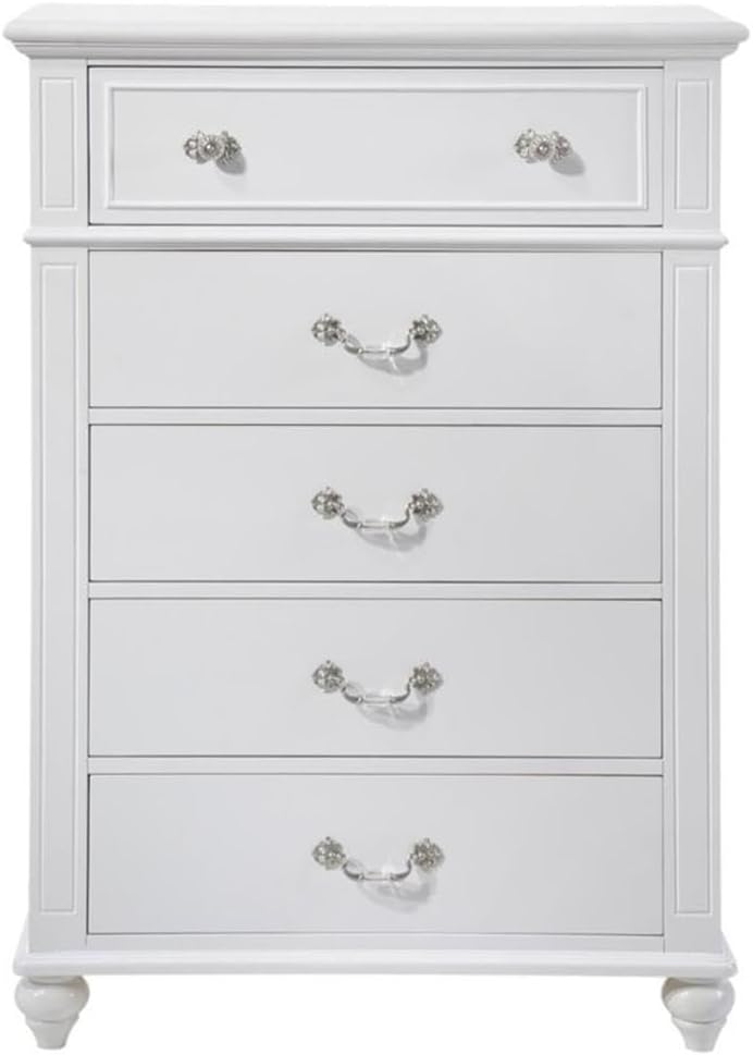 Pemberly Row Contemporary 4 Piece Twin Platform Bedroom Set, Solid Rubber Wood with White Faux Leather Headboard, Trundle Storage, Crystal Ball Posts, Bow Moldings, Bedroom Furniture for Kids or Teens