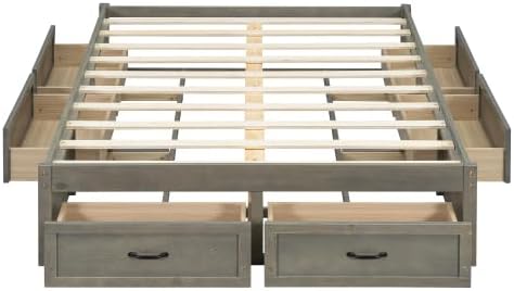 CITYLIGHT Full Size Platform Bed with 6 Drawers, Wooden Full Bed Frame with Storage and Wood Slat Support, Antique Grey