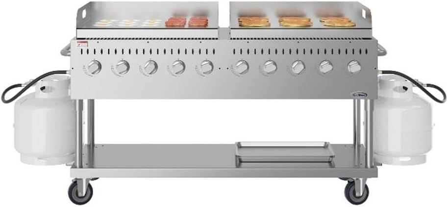 Pemberly Row 72' Stainless Steel Commercial Outdoor Propane Grill – 10 Burners, Dual Griddles, Heavy Duty BBQ Gas Grill