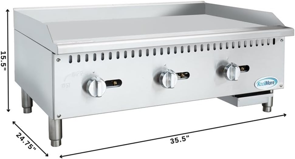 Pemberly Row 36-Inch Natural Gas Griddle, 3-Burner, 90000 BTU, Stainless Steel Construction, Adjustable Temperature, Drip Tray, Heavy Duty Flat Top Countertop Griddle for Restaurants or Food Trucks
