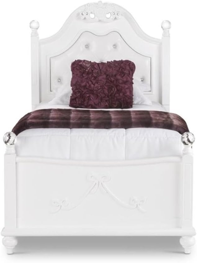 Pemberly Row Contemporary 3 Piece Twin Bedroom Set, Solid Rubber Wood and Engineered Wood with Okume Veneer, White Faux Leather Headboard, Crystal Accents, Button Tufting, White Finish for Bedroom Use