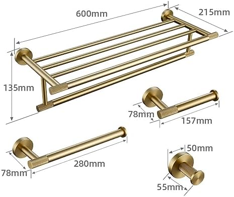 Brushed Gold Bathroom Accessories Set - Knurled Brass Towel Bar, Ring, Robe Hook, Toilet Brush Holder, Paper Holder, Stylish Shelf - Complete Luxury Home Décor
