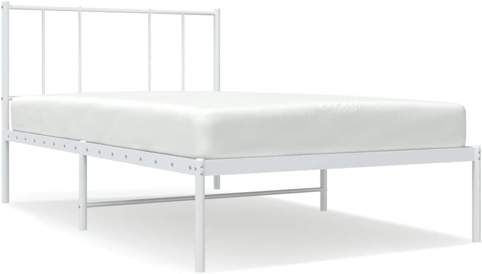White Powder-Coated Steel Twin Bed Frame with Headboard, Modern Rectangular Design for Single Mattress 39.4x78.7 Inches, Heavy-Duty Construction with Under-Bed Storage, Easy