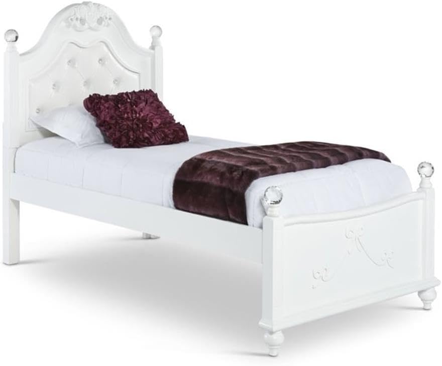 Pemberly Row Contemporary 3 Piece Twin Bedroom Set, Solid Rubber Wood and Engineered Wood with Okume Veneer, White Faux Leather Headboard, Crystal Accents, Button Tufting, White Finish for Bedroom Use