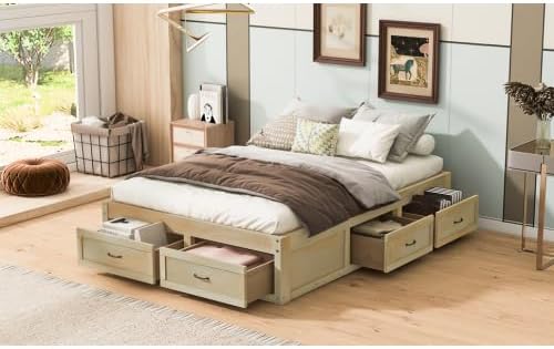 CITYLIGHT Full Size Platform Bed with 6 Drawers, Wooden Full Bed Frame with Storage and Wood Slat Support, Antique Natural