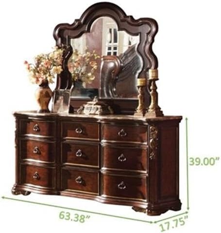 Pemberly Row Traditional Queen Bedroom Set, 4-Piece Wood Construction, Dark Walnut Finish, Upholstered Wing Headboard, Felt-Lined Drawers, Marble Tops, Beveled Mirror, Perfect for Elegant