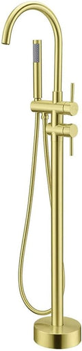Floor Mount Bathtub Faucet, Freestanding Tub Filler, Standing Swivel Spout Shower Faucets Shower Mixer Taps with Cylinder Handheld Shower (Brushed Gold, With Embedded Box)