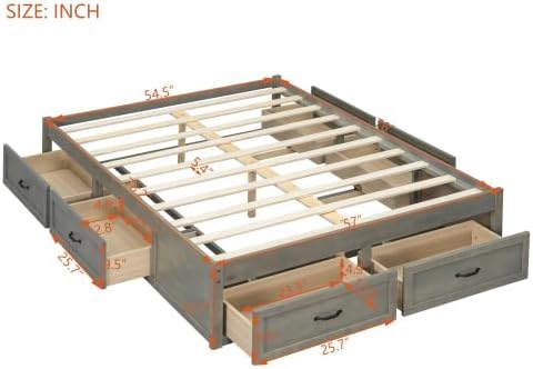 CITYLIGHT Full Size Platform Bed with 6 Drawers, Wooden Full Bed Frame with Storage and Wood Slat Support, Antique Grey