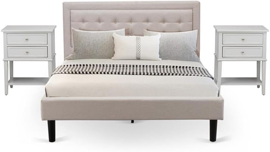 East West Furniture FN08Q-2VL14 3-Piece Fannin Bedroom Set with 1 Queen Bed and 2 Night Stands - Reliable and Sturdy Manufacturing - Mist Beige Linen Fabric