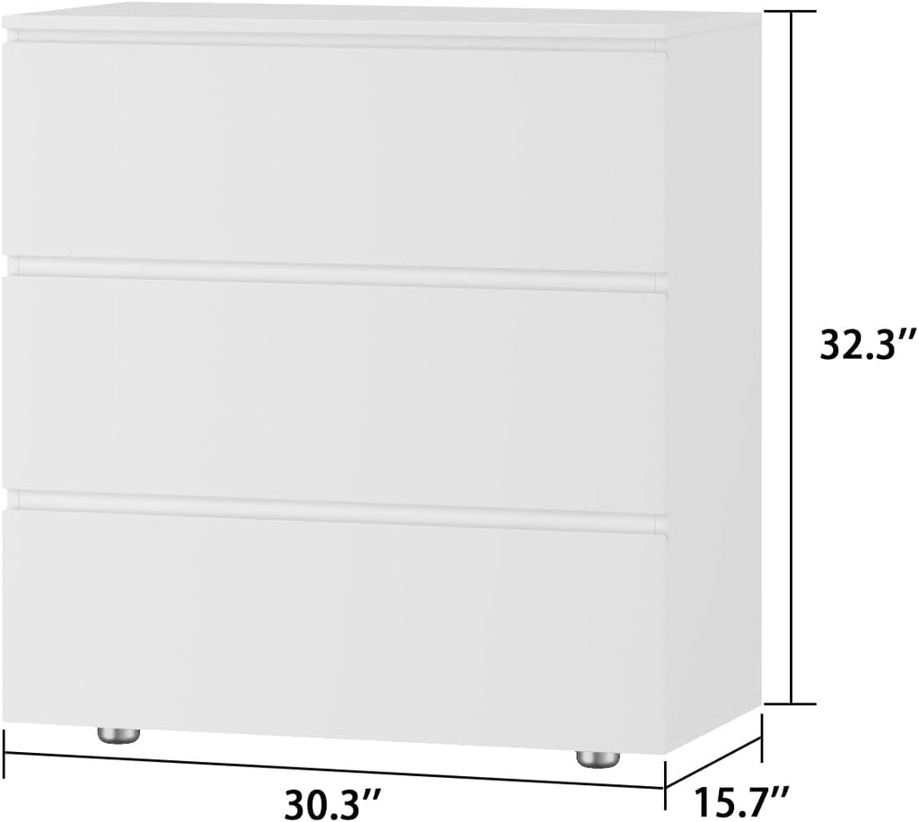 Nightstand with 3 Drawers, Modern Bedroom End Table with No Handle, Wooden Bedside Storage Cabinet, White 30.3' W x 32.3' H