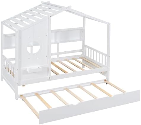 MERITLINE Kids House Bed with Trundle and Storage Shelf, Twin Size Wooden Kids Montessori Bed Frame (White)