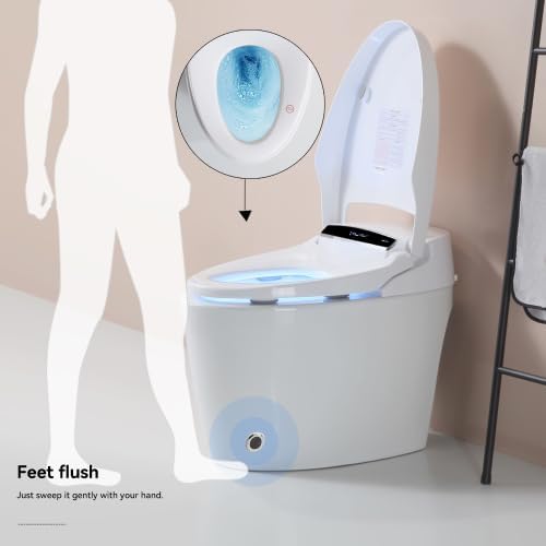 Smart Toilet with Heated Bidet Seat, One Piece Bidet Toilet for Bathrooms, AUTO Open/Close Lid/Flush, Feet Sensor Operation, Bidet Toilet with Dryer and Warm Water, Tankless Toilet in 1.28GPF (B)