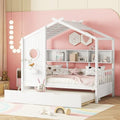 MERITLINE Kids House Bed with Trundle and Storage Shelf, Twin Size Wooden Kids Montessori Bed Frame (White)