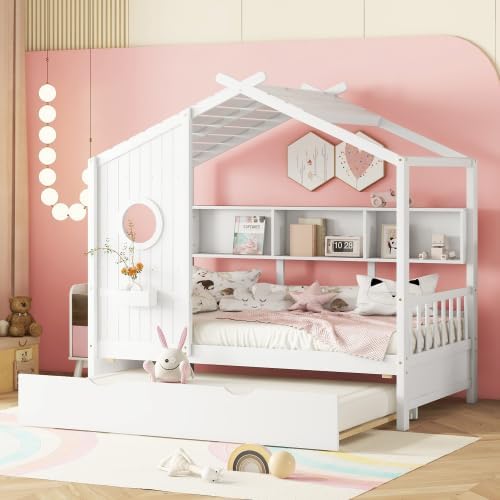 MERITLINE Kids House Bed with Trundle and Storage Shelf, Twin Size Wooden Kids Montessori Bed Frame (White)