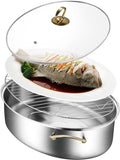 Roasting Pan, Stainless Steel Fish Steamer Elliptical Roasting Pan Multi-Use Oval Pasta Pot Braiser Stockpot with Rack, Induction Compatible Dishwasher/Oven Safe Turkey Roaster(Double Layer)