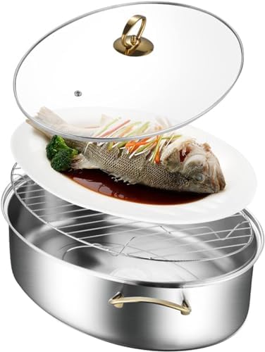 Roasting Pan, Stainless Steel Fish Steamer Elliptical Roasting Pan Multi-Use Oval Pasta Pot Braiser Stockpot with Rack, Induction Compatible Dishwasher/Oven Safe Turkey Roaster(Double Layer)