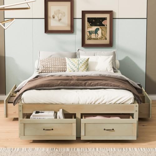 CITYLIGHT Full Size Platform Bed with 6 Drawers, Wooden Full Bed Frame with Storage and Wood Slat Support, Antique Natural