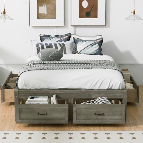 CITYLIGHT Full Size Platform Bed with 6 Drawers, Wooden Full Bed Frame with Storage and Wood Slat Support, Antique Grey