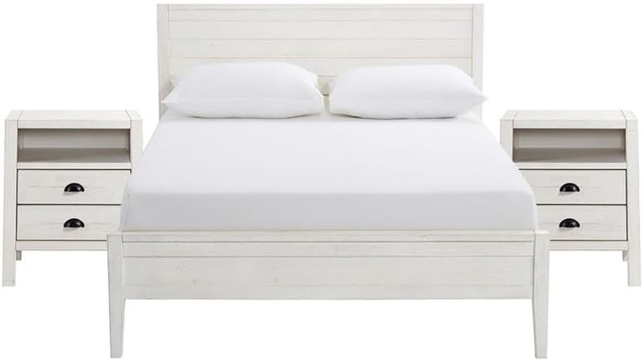 Windsor 3-Piece Kids Bedroom Set - Full Panel Bed, 2 Nightstands, Rustic White Finish, Metal Drawer Glides, 57 in. W x 79 in. D x 39 in. H Bed, 22 in. W x 17 in. D x 25 in. H Nightstands