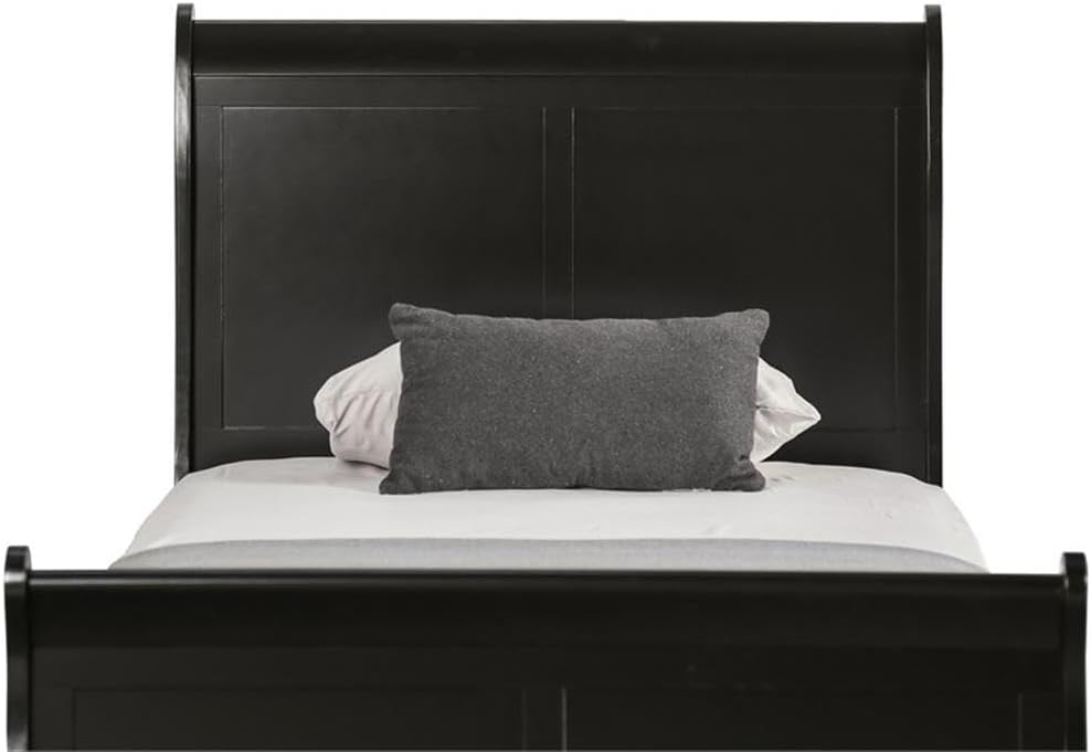BOWERY HILL Transitional Solid Wood Panel Twin Bed, Black Finish, Sleigh Design, 83.5' L x 41.38' W x 47.25' H, Robust Frame, Paneled Headboard, Kids Bedroom Furniture