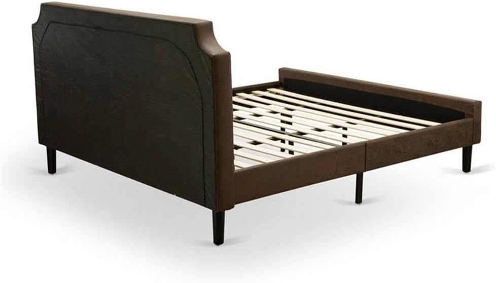 East West Furniture GB25K-2GA08 3-Piece Bedroom Set with Button Tufted King Size Bed and 2 Antique Walnut Mid Century Modern Nightstands - Dark Brown Faux Leather with Black Texture and Black Legs
