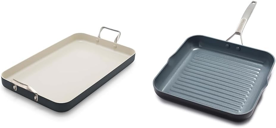 GreenPan 18'x11' Double Burner Griddle & 11' Square Grill Pan Bundle, Healthy Ceramic Nonstick, PFAS-Free