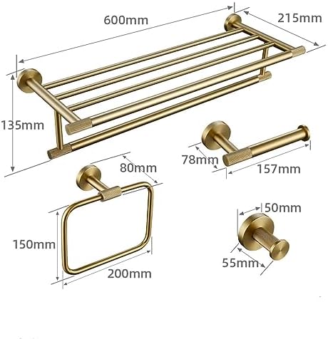 Brushed Gold Bathroom Accessories Set - Knurled Brass Towel Bar, Ring, Robe Hook, Toilet Brush Holder, Paper Holder & Shelf - Stylish Home Decor Essentials