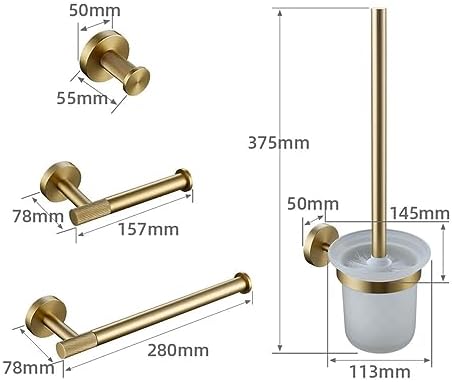 Brushed Gold Bathroom Accessories Set - Knurled Brass Towel Bar, Ring, Robe Hook, Paper Holder, Toilet Brush & Shelf for Elegant Home Decor
