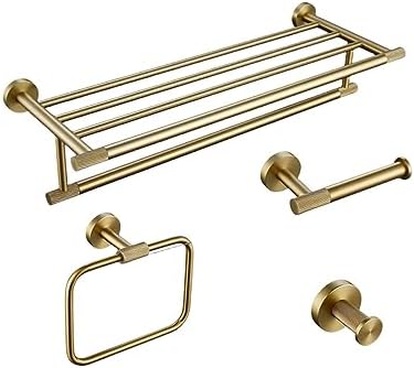 Brushed Gold Bathroom Accessories Set - Knurled Brass Towel Bar, Ring, Robe Hook, Toilet Brush Holder, Paper Holder & Shelf - Stylish Home Decor Essentials