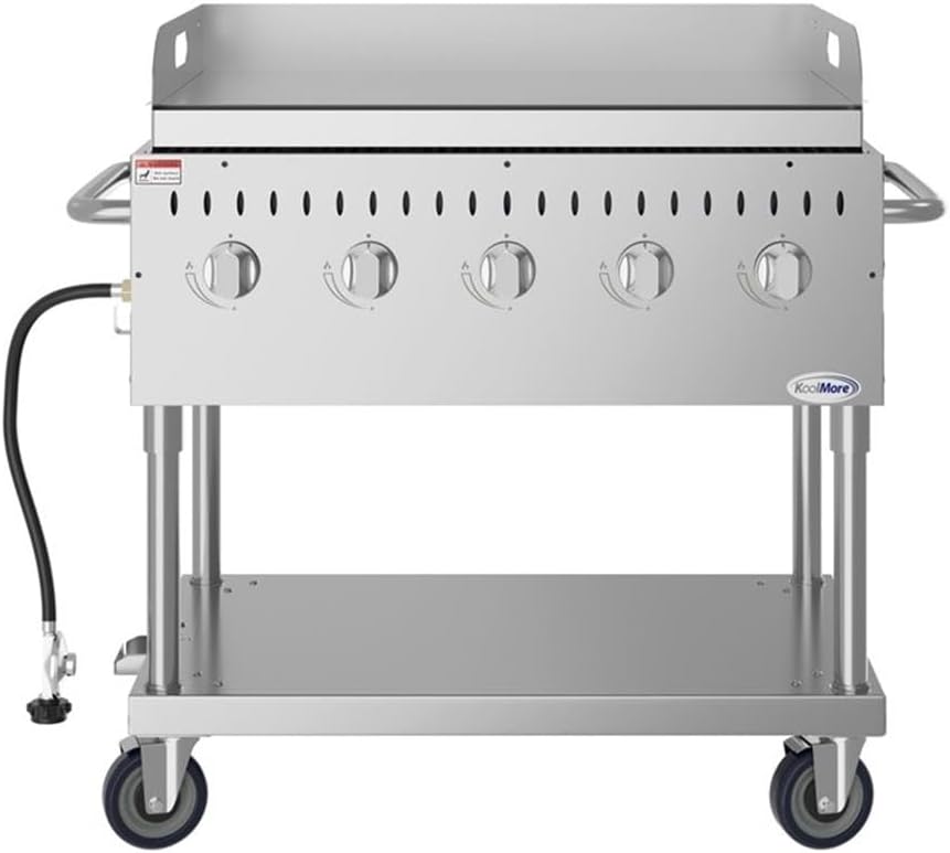 Pemberly Row 36-Inch Stainless Steel Commercial Gas Grill with Griddle, 5-Burner Propane BBQ, 688 Sq. In. Cooking Area, Durable Carbon Steel Griddle Plate, Mobile Design for Outdoor Cooking