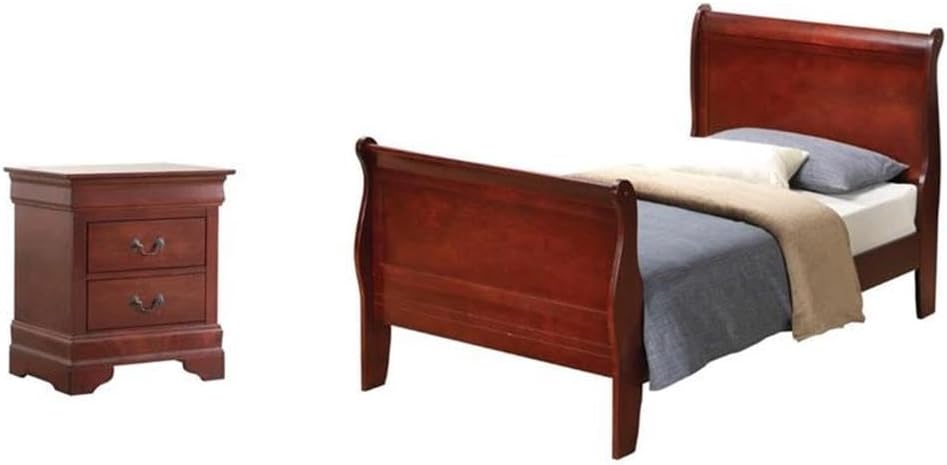 Pemberly Row Set of 2 Twin Sleigh Bed and 2-Drawer Nightstand in Cherry