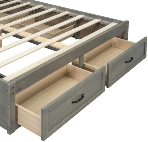 CITYLIGHT Full Size Platform Bed with 6 Drawers, Wooden Full Bed Frame with Storage and Wood Slat Support, Antique Grey