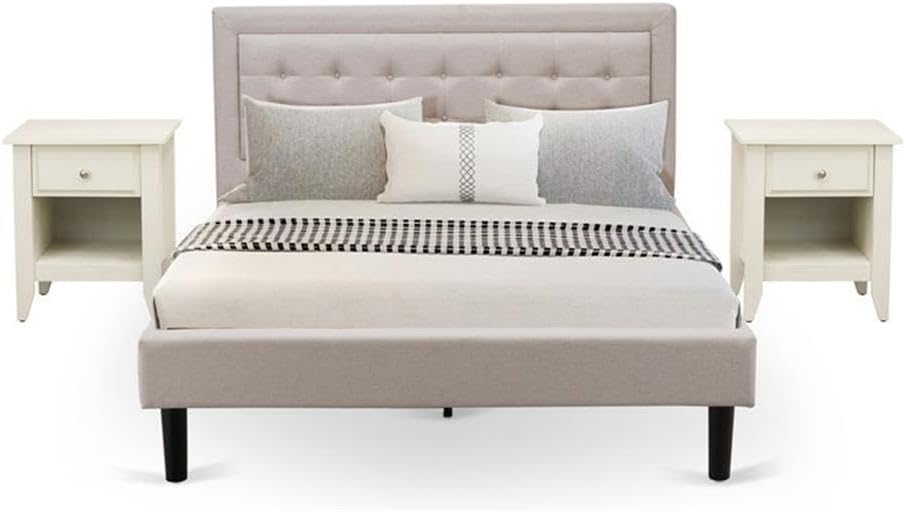 East West Furniture FN08Q-2GA0C 3-Piece Fannin Bedroom Furniture Set with 1 Queen Size Bed and 2 Mid Century Nightstands - Reliable and Sturdy Manufacturing - Mist Beige Linen Fabric