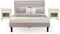 East West Furniture FN08Q-2GA0C 3-Piece Fannin Bedroom Furniture Set with 1 Queen Size Bed and 2 Mid Century Nightstands - Reliable and Sturdy Manufacturing - Mist Beige Linen Fabric