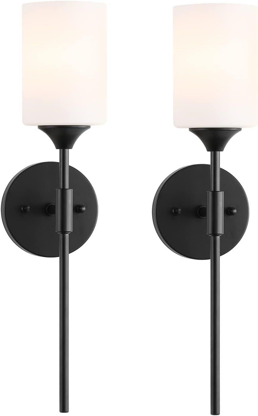 BYOLIIMA Mid Century Modern Wall Lamp 2 Pack with White Cylinder Glass Shades Matte Black Wall Sconce Bathroom Vanity Lighting Industrial Farmhouse Wall Light Fixtures for Mirror Bedroom Living Room