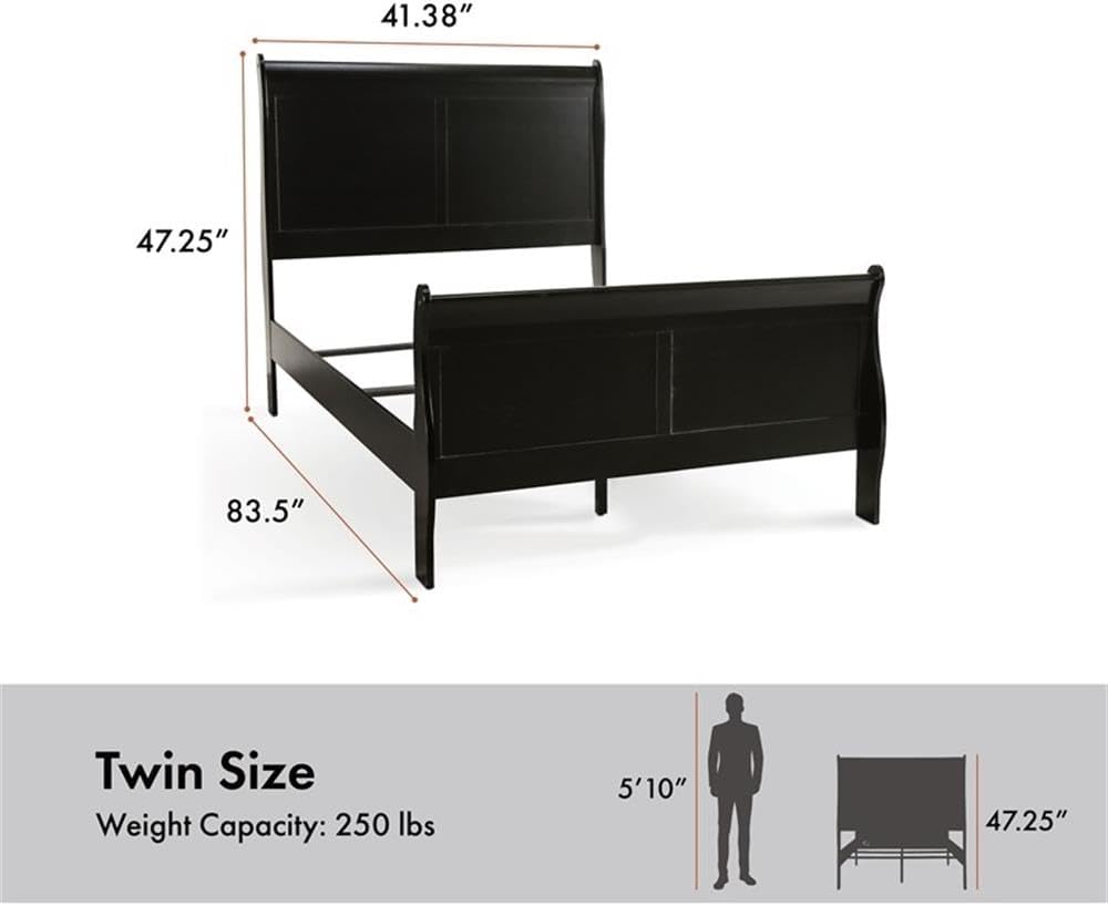BOWERY HILL Transitional Solid Wood Panel Twin Bed, Black Finish, Sleigh Design, 83.5' L x 41.38' W x 47.25' H, Robust Frame, Paneled Headboard, Kids Bedroom Furniture