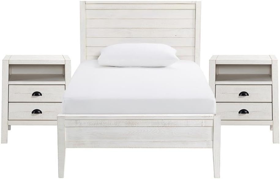 Alaterre Furniture Windsor 3-Piece Kids Bedroom Set - Twin Panel Bed with Rustic White Finish, Includes 2 Nightstands with Metal Drawer Glides, Perfect for Children's Room or Guest Room