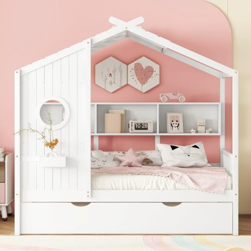 MERITLINE Kids House Bed with Trundle and Storage Shelf, Twin Size Wooden Kids Montessori Bed Frame (White)